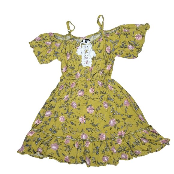 Art class Yellow green Floral Dress With Lace Detail & Ruffled Sleeves kids sz 6 - Picture 1 of 6